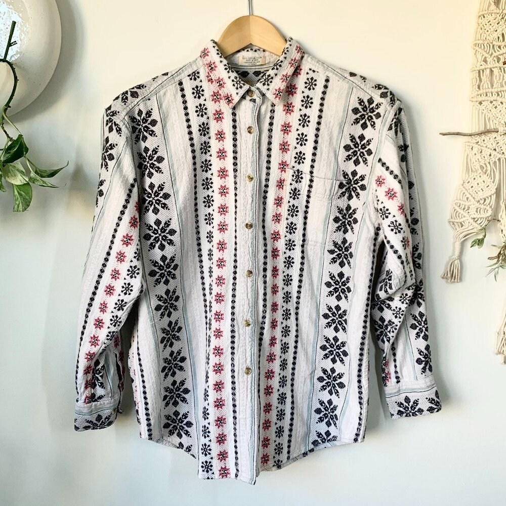 Vintage Woven Stripe Nordic Pattern Button Up Shirt Cottage Hertitage Folk Boho